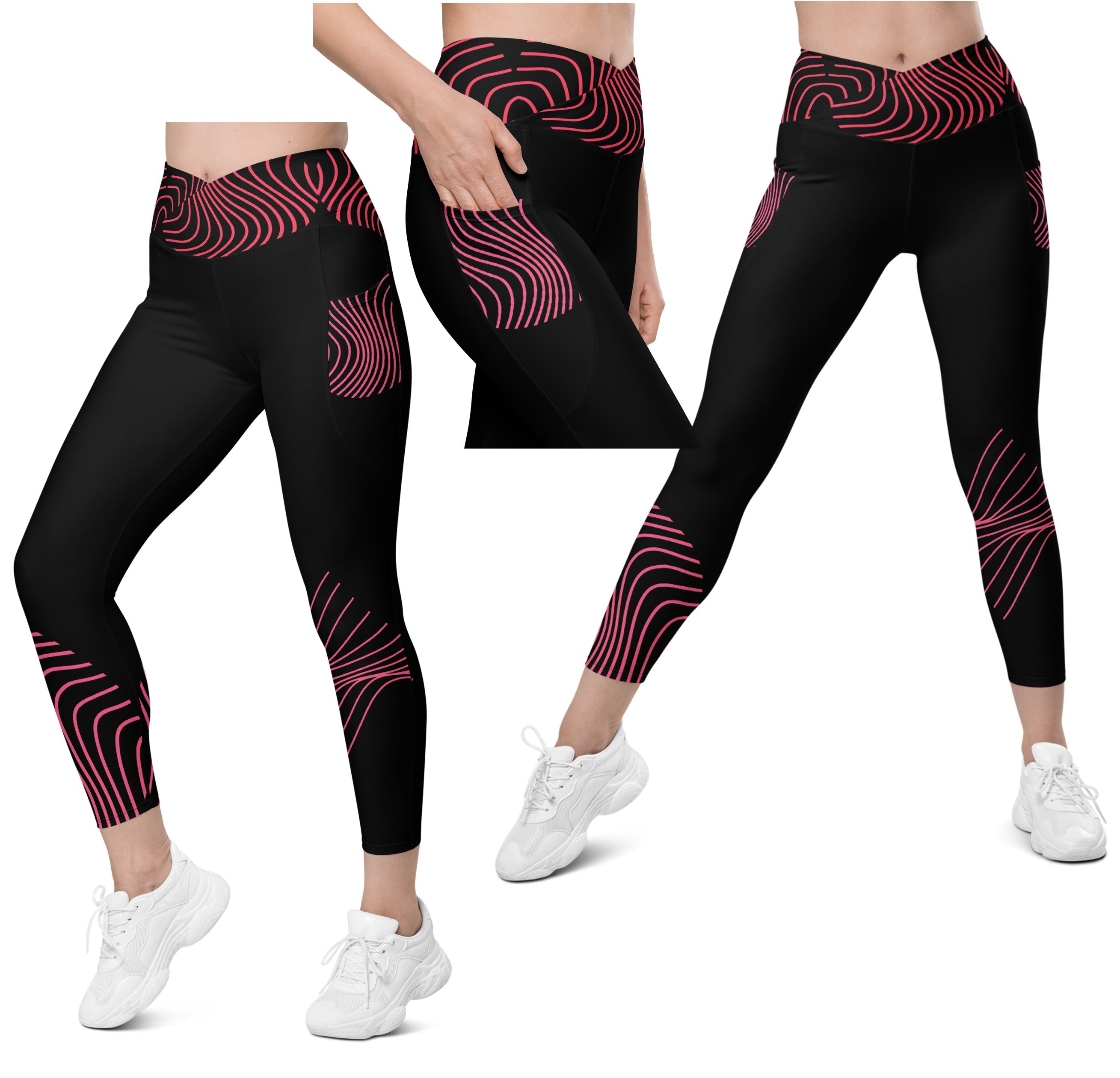 workout-leggings-black-with-pockets-crossover-waist-viva-magenta-yoga-pants-ripplefx-wickedyo 2